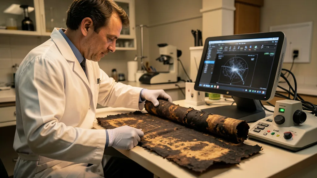 Imagem gerada por IA: Pesquisador examina um papiro carbonizado ao lado de equipamento de imagem em laboratório.