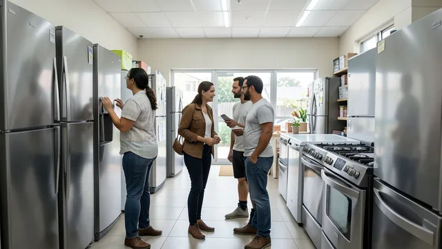 Imagem gerada por IA: Família observa fogões e geladeiras em uma loja de eletrodomésticos.