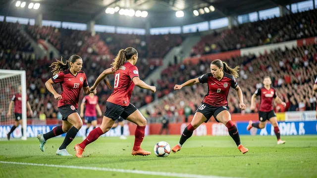 Imagem gerada por IA: Jogadoras disputam a bola durante uma partida de futebol feminino em um estádio.