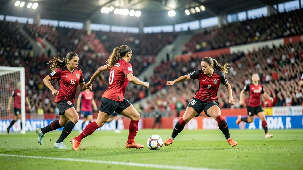 Imagem gerada por IA: Jogadoras disputam a bola durante uma partida de futebol feminino em um estádio.