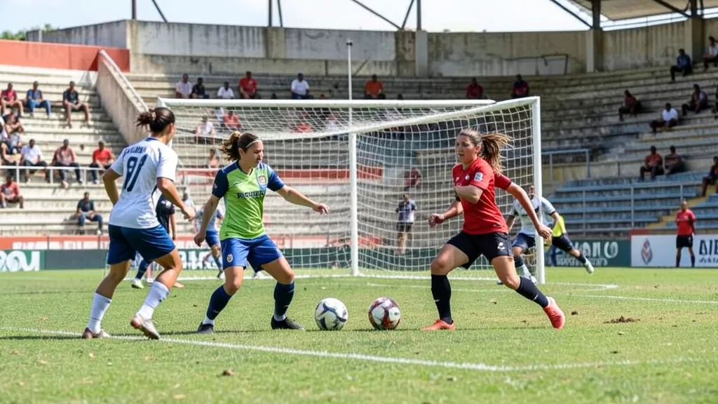 Imagem gerada por IA: Jogadoras disputam a bola em uma partida de futebol feminino no gramado.