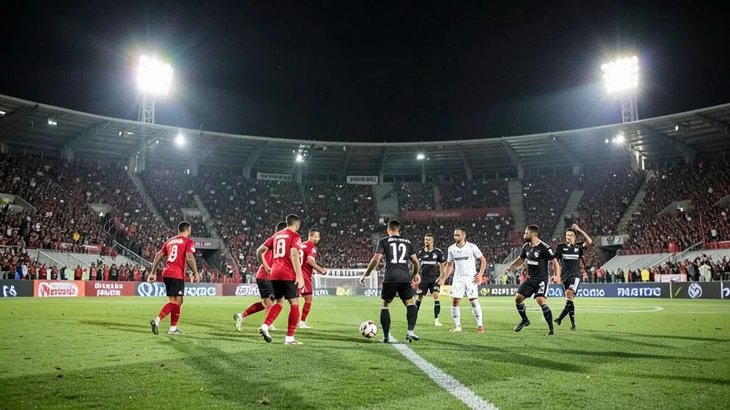 Imagem gerada por IA: Partida noturna de futebol no Beira-Rio, com jogadores de vermelho e de preto e branco em campo.