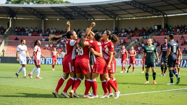 Imagem gerada por IA: Jogadoras de uniforme vermelho comemoram um gol durante uma partida de futebol feminino.
