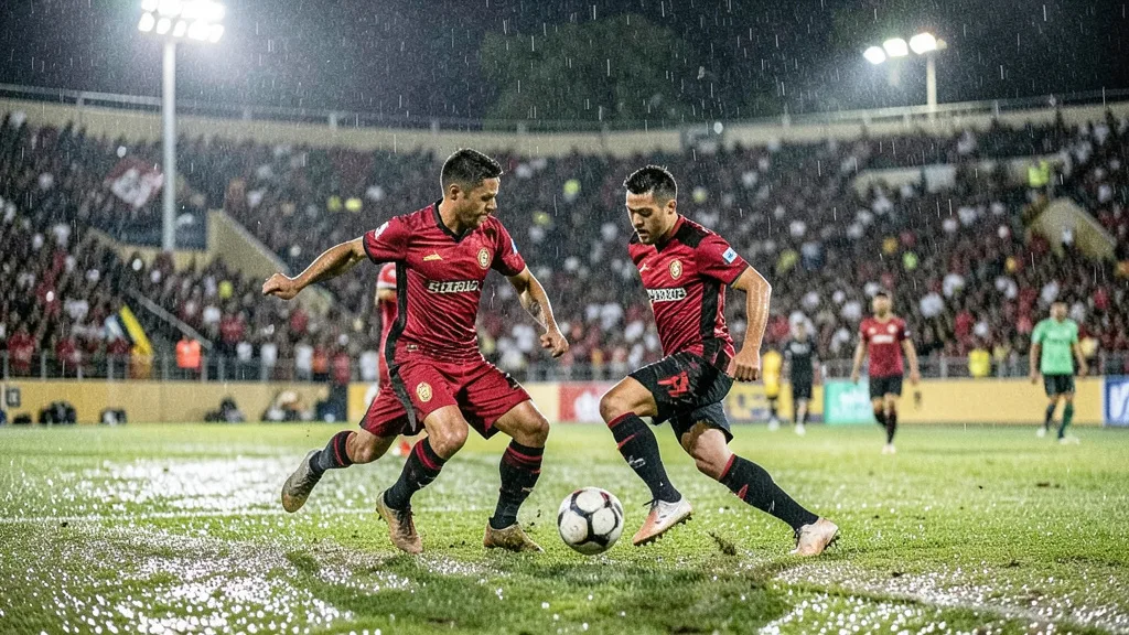 Imagem gerada por IA: Jogadores disputam a bola em um gramado molhado durante uma partida de futebol.
