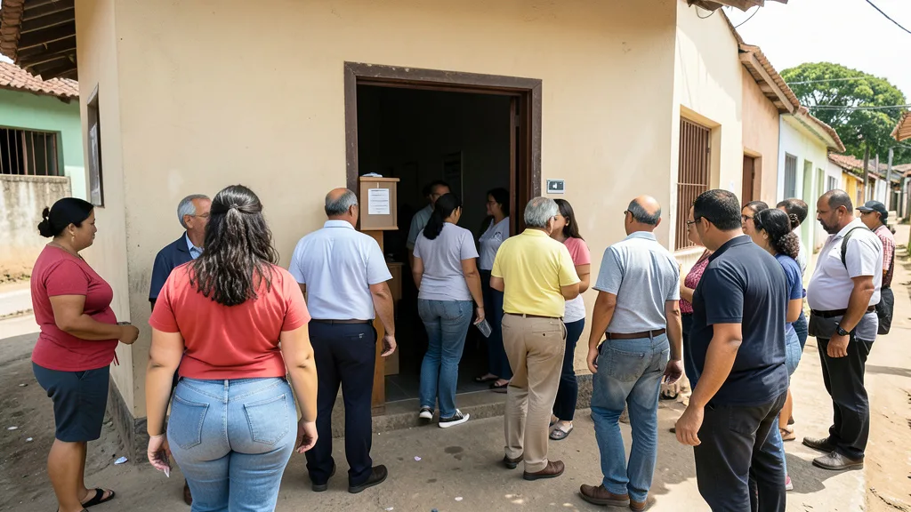 Imagem gerada por IA: Eleitores chegam a um local de votação em uma cidade do interior do Rio de Janeiro.