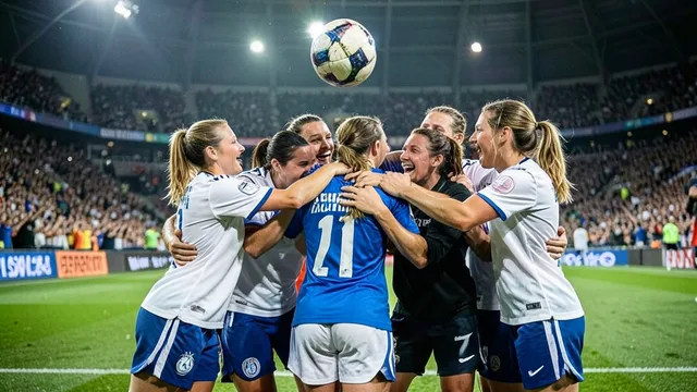 Imagem gerada por IA: Jogadoras de futebol comemoram juntas a classificação após uma disputa de pênaltis.