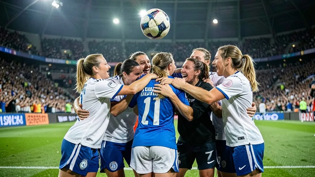 Imagem gerada por IA: Jogadoras de futebol comemoram juntas a classificação após uma disputa de pênaltis.