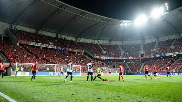 Imagem gerada por IA: Estádio iluminado em Porto Alegre antes de uma partida decisiva, com torcedores e jogadores em campo.