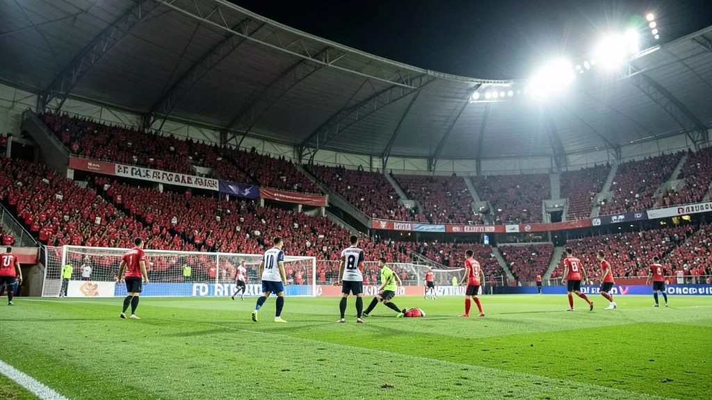 Imagem gerada por IA: Estádio iluminado em Porto Alegre antes de uma partida decisiva, com torcedores e jogadores em campo.