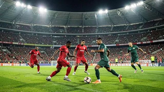 Imagem gerada por IA: Jogadores de vermelho e verde disputam a bola em campo no Maracanã.