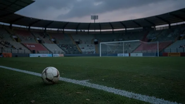 Imagem gerada por IA: Bola à beira do campo em um estádio de futebol vazio ao entardecer.