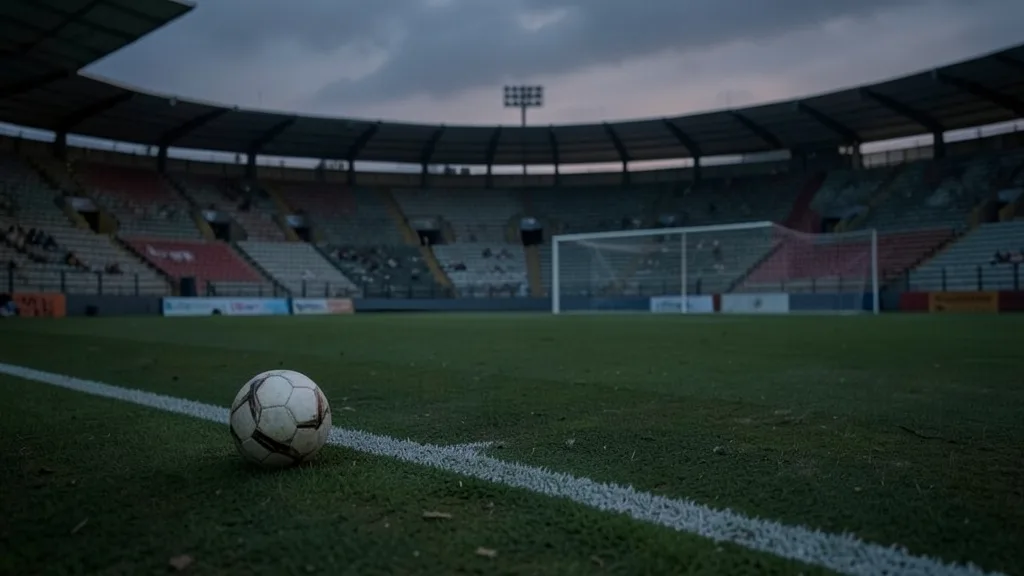 Imagem gerada por IA: Bola à beira do campo em um estádio de futebol vazio ao entardecer.