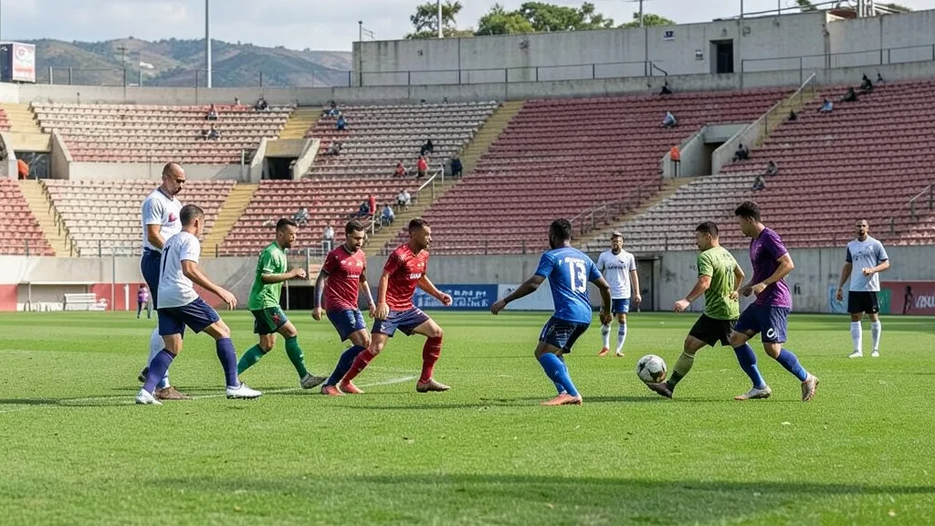 Imagem gerada por IA: Jogadores treinam em campo enquanto o técnico acompanha a atividade à beira do gramado.