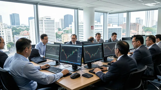 Imagem gerada por IA: Investidores acompanham os mercados financeiros em um escritório na região da Faria Lima.