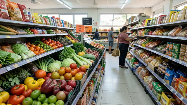 Imagem gerada por IA: Consumidora observa alimentos em uma prateleira de supermercado.