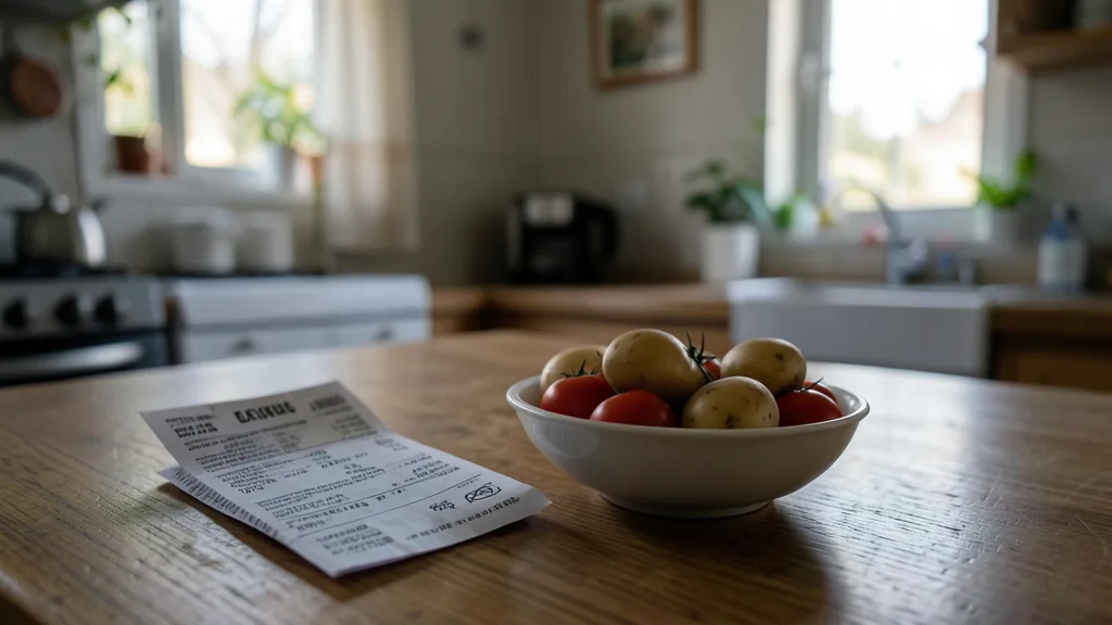 Imagem gerada por IA: Conta de luz ao lado de tomates e batatas sobre uma mesa de cozinha.