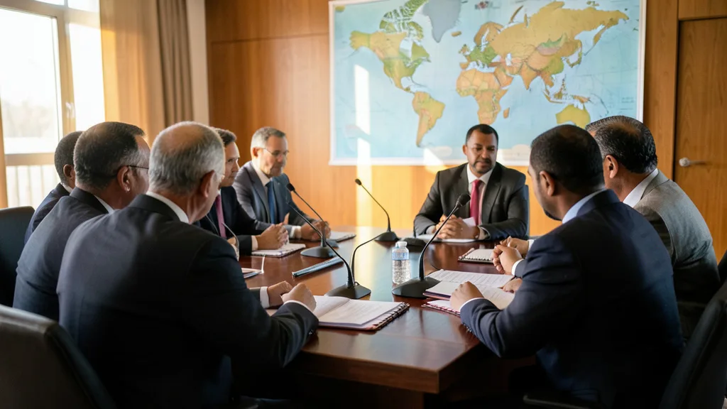 Imagem gerada por IA: Delegados discutem documentos em uma reunião internacional sobre ciência climática.