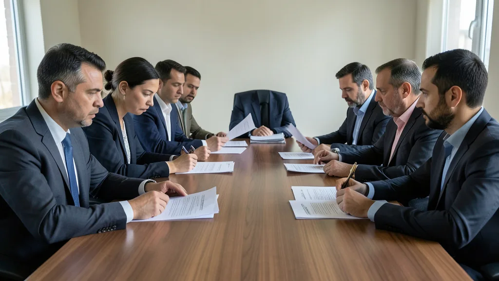 Imagem gerada por IA: Delegados discutem documentos em uma reunião internacional sobre ciência climática.