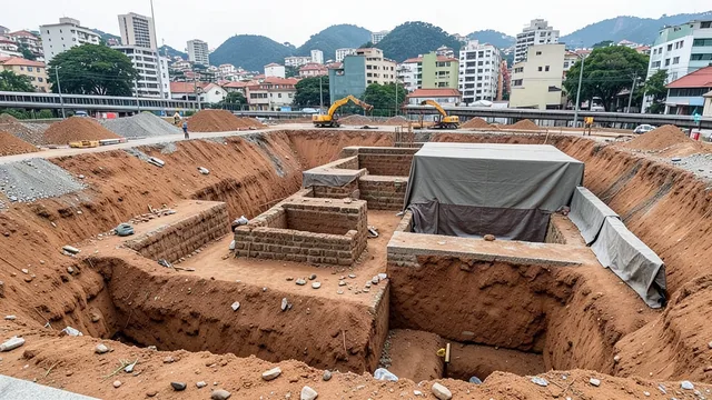 Imagem gerada por IA: Escavação arqueológica em obra da futura estação 14 Bis-Saracura, com estruturas e vestígios preservados.