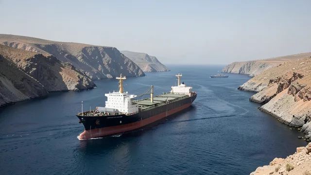Imagem gerada por IA: Navio petroleiro atravessa o Estreito de Ormuz, com uma embarcação militar ao fundo.