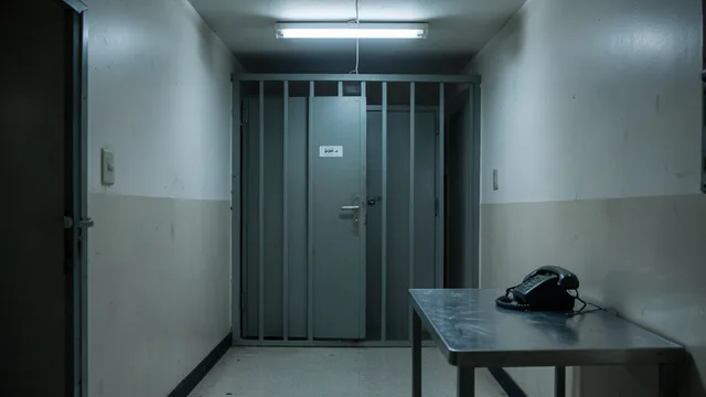 Imagem gerada por IA: Telefone sobre uma mesa diante de uma porta de cela em um corredor prisional vazio.