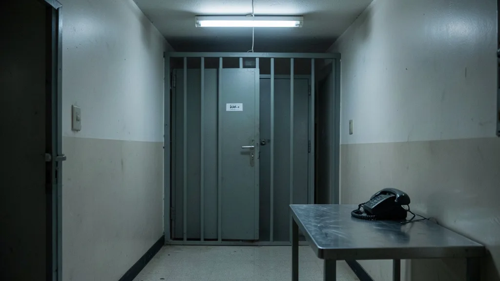 Imagem gerada por IA: Telefone sobre uma mesa diante de uma porta de cela em um corredor prisional vazio.