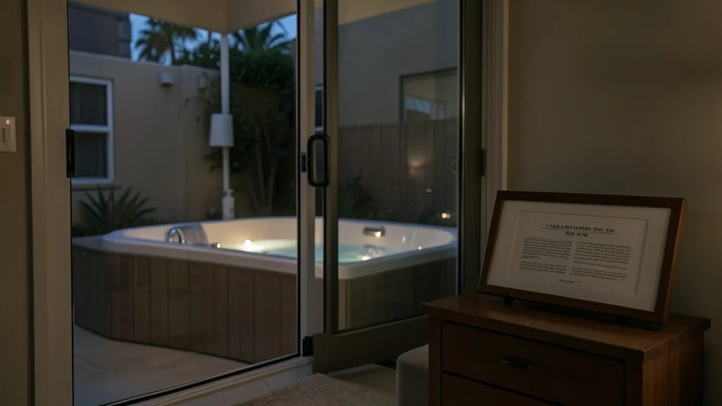 Jacuzzi vazia em uma casa de Los Angeles, com um roteiro sobre uma mesa ao lado.