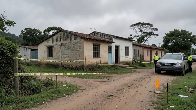 Casa rural isolada em Candelária, próxima a uma estrada de chão, com área preservada para investigação policial.