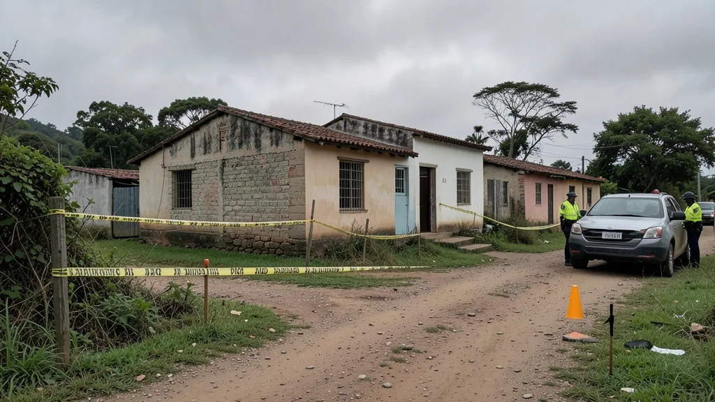 Casa rural isolada em Candelária, próxima a uma estrada de chão, com área preservada para investigação policial.