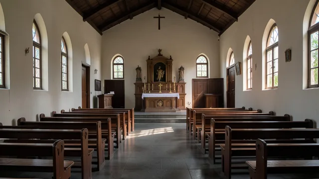 Imagem gerada por IA: Interior de uma capela universitária vazia, com luz natural e clima de homenagem.