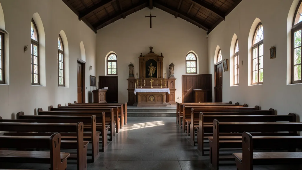 Imagem gerada por IA: Interior de uma capela universitária vazia, com luz natural e clima de homenagem.