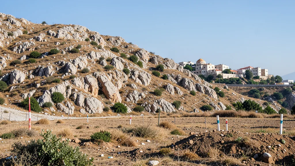 Imagem gerada por IA: Terreno rochoso nos arredores de Jerusalém, com construções ao longe e marcadores de levantamento no solo.