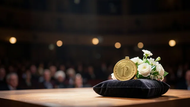 Imagem gerada por IA: Medalha do Nobel da Paz sobre uma almofada em um palco iluminado.