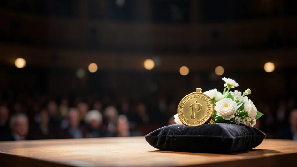 Imagem gerada por IA: Medalha do Nobel da Paz sobre uma almofada em um palco iluminado.