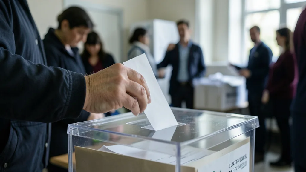 Imagem gerada por IA: Eleitor deposita uma cédula em uma urna transparente durante a votação em Israel.