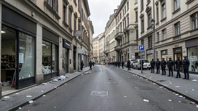 Imagem gerada por IA: Rua comercial de Milão com danos em vitrines e policiais ao fundo.