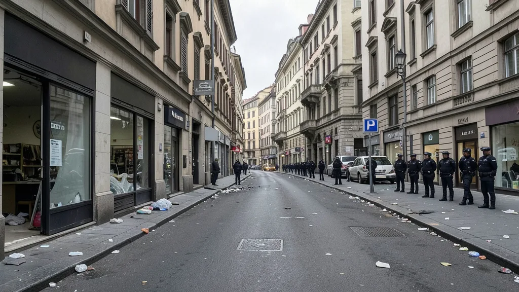 Imagem gerada por IA: Rua comercial de Milão com danos em vitrines e policiais ao fundo.