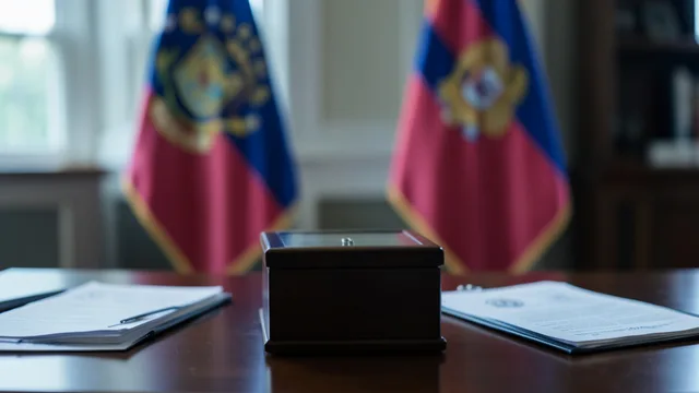 Imagem gerada por IA: Urna fechada e documentos em uma sala diplomática, com bandeiras desfocadas ao fundo.