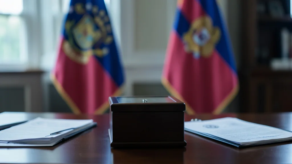 Imagem gerada por IA: Urna fechada e documentos em uma sala diplomática, com bandeiras desfocadas ao fundo.