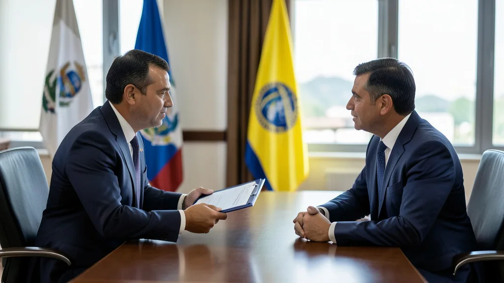 Imagem gerada por IA: Diplomatas conversam em uma sala oficial, com as bandeiras do Brasil e da Argentina ao fundo.