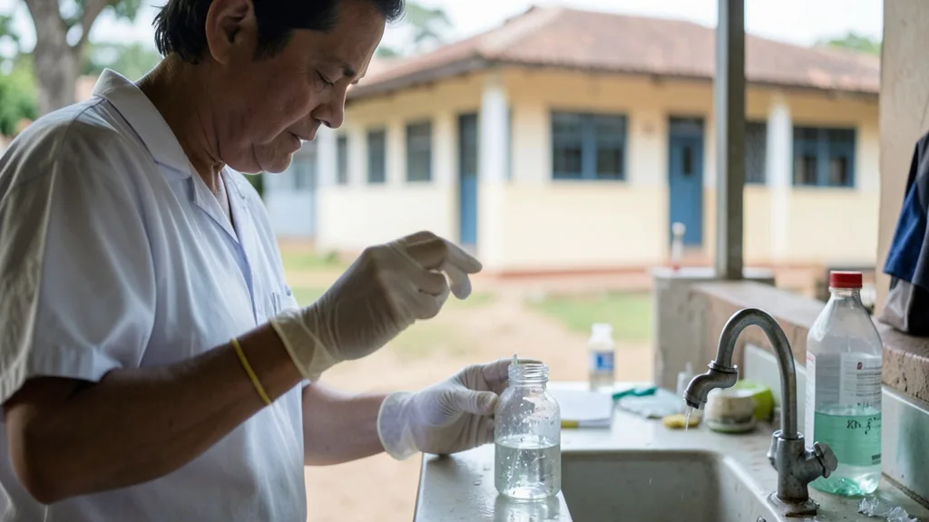 Imagem gerada por IA: Técnico analisa uma amostra de água, com uma escola ao fundo.