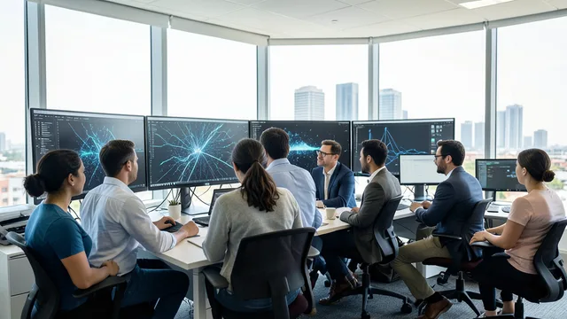 Imagem gerada por IA: Profissionais de tecnologia analisam dados em um escritório moderno.