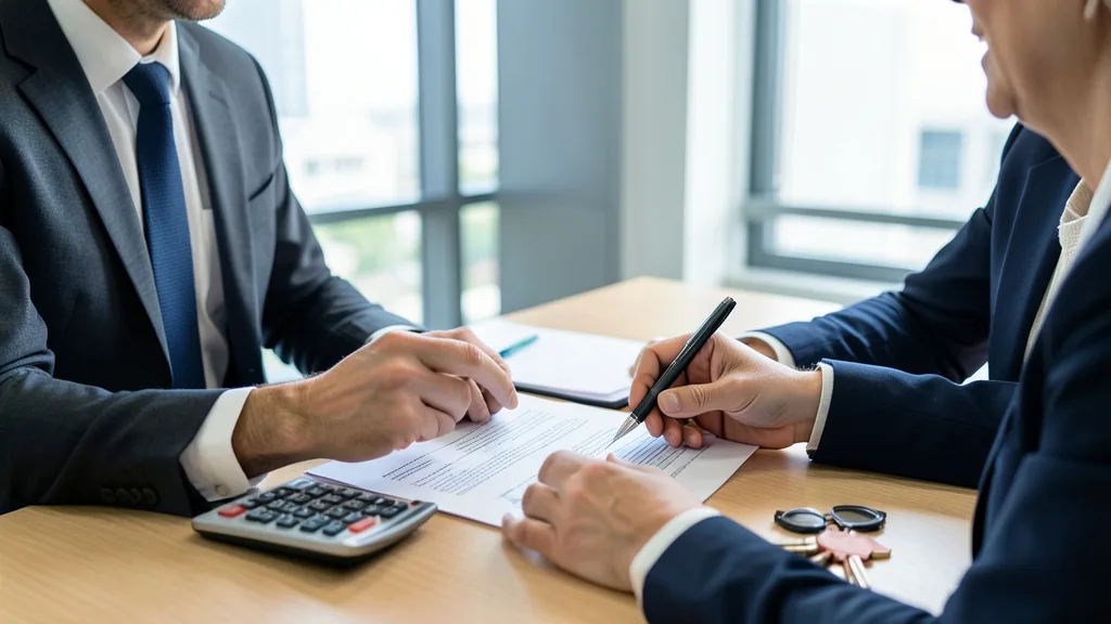 Imagem gerada por IA: Cliente analisa documentos de financiamento imobiliário com um consultor.