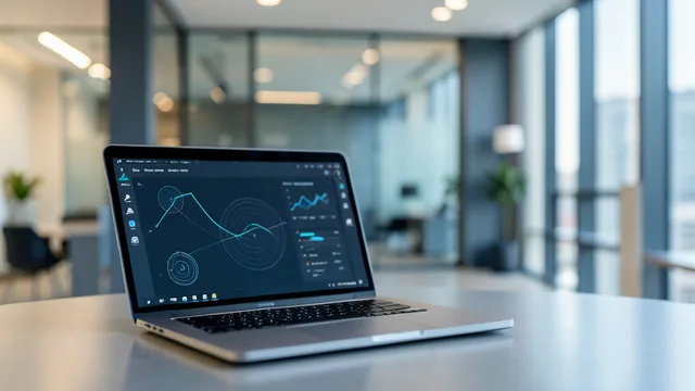 Imagem gerada por IA: Laptop com visualizações abstratas de dados em um escritório moderno de tecnologia financeira.