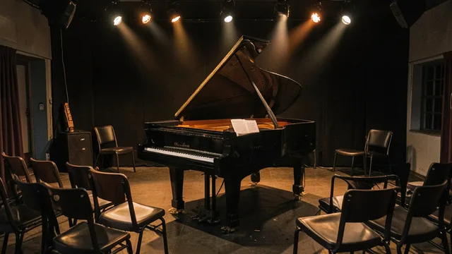 Imagem gerada por IA: Piano em um clube de jazz intimista, sob luzes quentes.