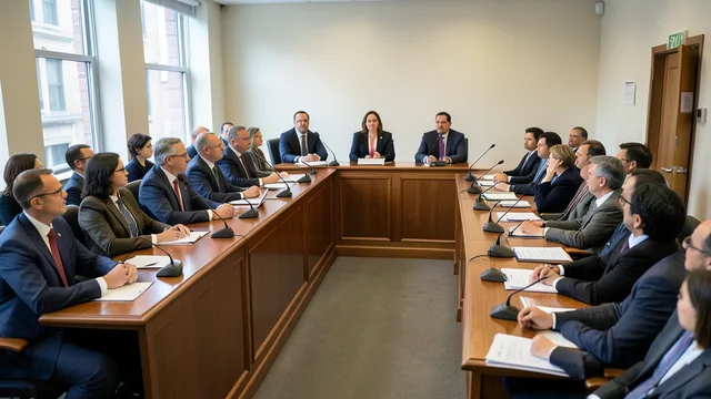 Imagem gerada por IA: Audiência pública sobre inteligência artificial em uma sala da Câmara Municipal de Nova York.