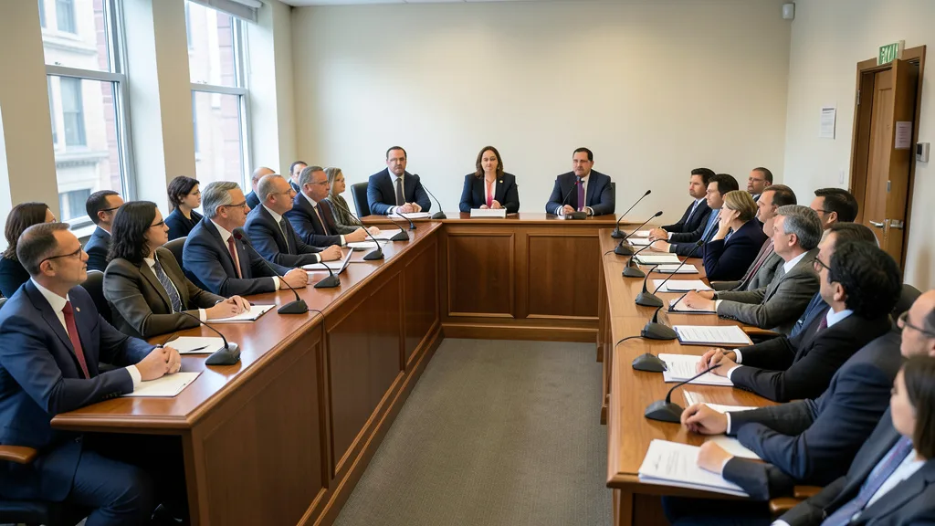 Imagem gerada por IA: Audiência pública sobre inteligência artificial em uma sala da Câmara Municipal de Nova York.