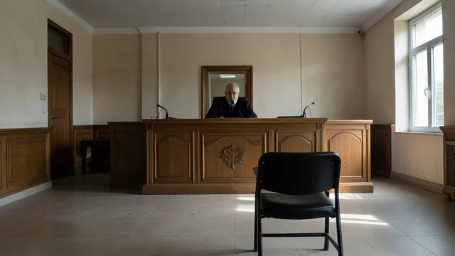 Imagem gerada por IA: Tribunal vazio, com uma cadeira diante da bancada do juiz.