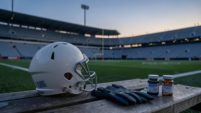 Imagem gerada por IA: Capacete e luvas de futebol americano em um banco à beira do campo, com frascos de medicamentos ao lado.
