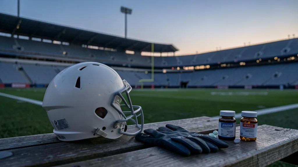 Imagem gerada por IA: Capacete e luvas de futebol americano em um banco à beira do campo, com frascos de medicamentos ao lado.